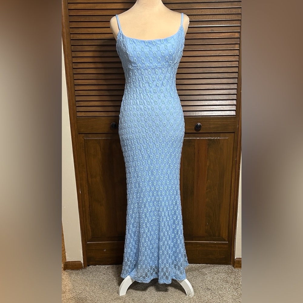 Bardot Light Blue Crochet Maxi Dress